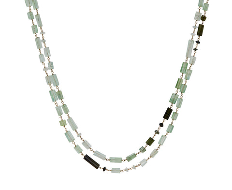 Green Tourmaline and Aquamarine Rosary Micro Precious Necklace