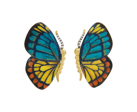 Colorful Marquetry and Diamond Butterfly Earrings