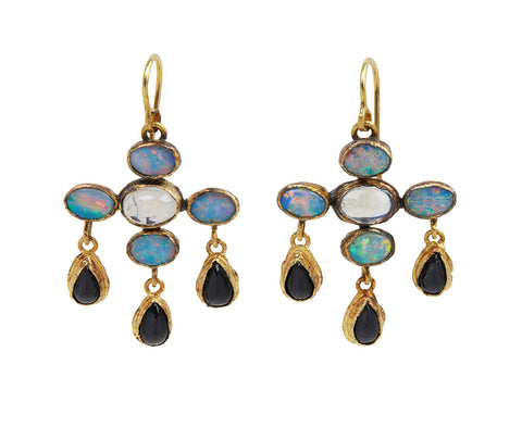 Opal, Onyx and Moonstone Art Deco-ish Chandelier Earrings