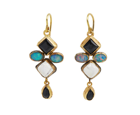 Moonstone, Onyx and Opal Art Deco-ish Motif earrings