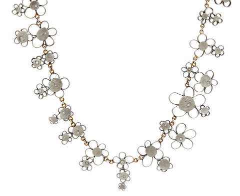 Small Silver Flowery Necklace with Scattered Diamonds