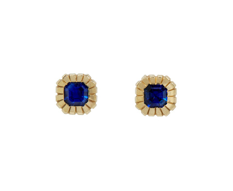 Asscher Cut Blue Sapphire Heirloom Bezel Stud Earrings