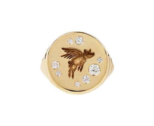 Diamond Flying Pig Fantasy Signet Ring