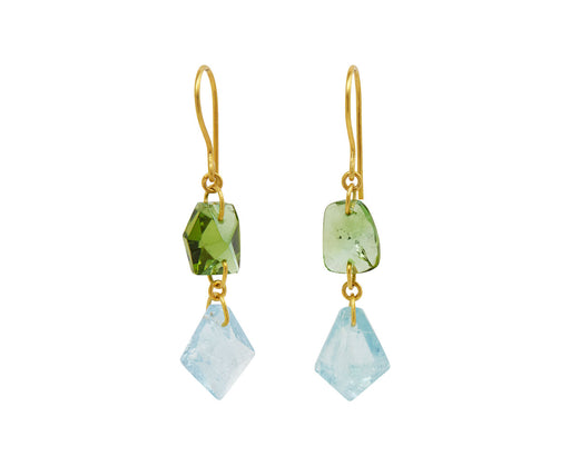 Green Tourmaline and Aquamarine Double Drop Earrings