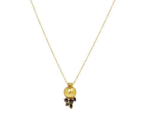 Golden Pearl and Black Diamond Pendant Necklace