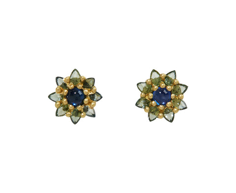 Blue and Green Sapphire Daisy Stud Earrings