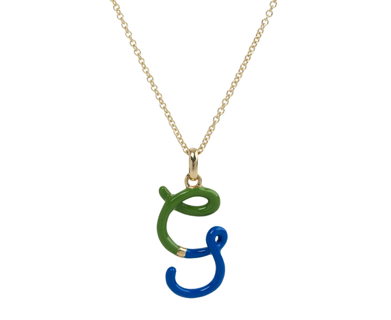 Cobalt and Pistachio Enamel 'G' Pendant Necklace